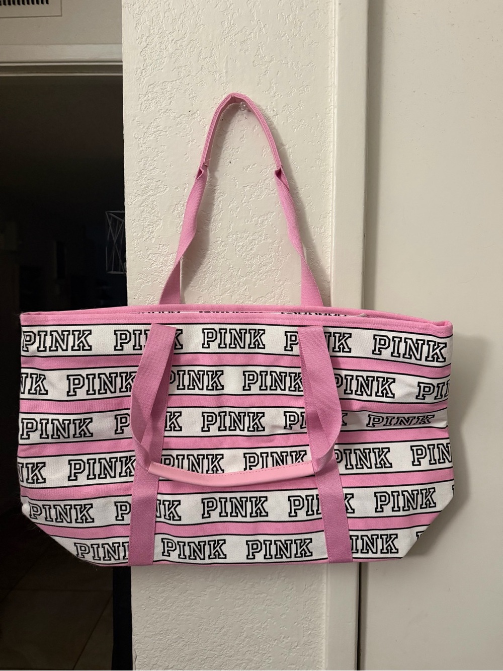 PINK Victoria's Secret Pink and White Striped Logo Canvas Tote